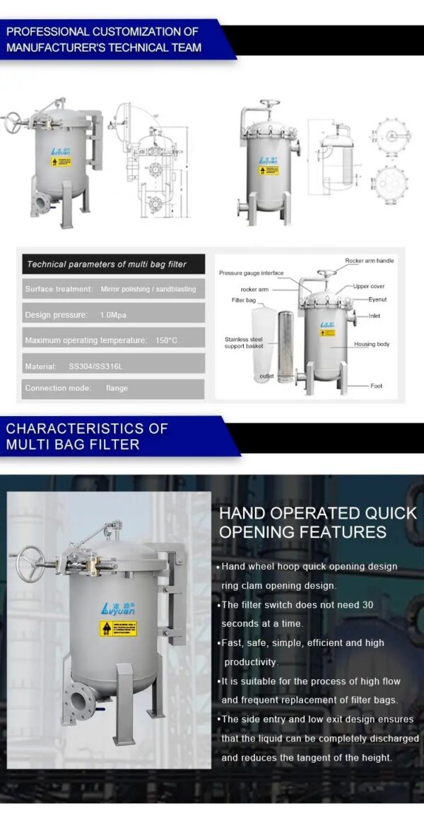 Stainless steel SUS 316L Multi Bag Cartridge Housing Stainless steel SUS 316L Multi Bag Cartridge Housing